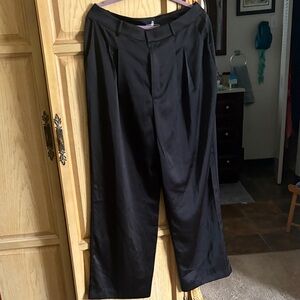 WAYF size large black high waste silky satin slacks pockets on side wide legs